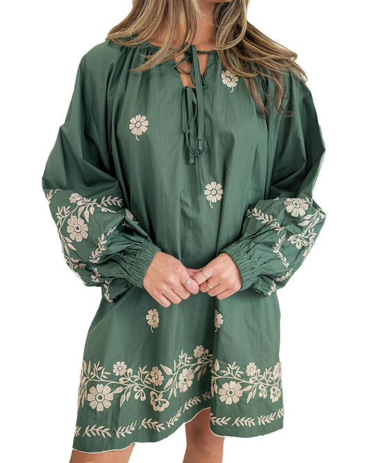 Mist Green Tie Neck Boho Floral Pattern Puff Sleeve Shift Dress - L