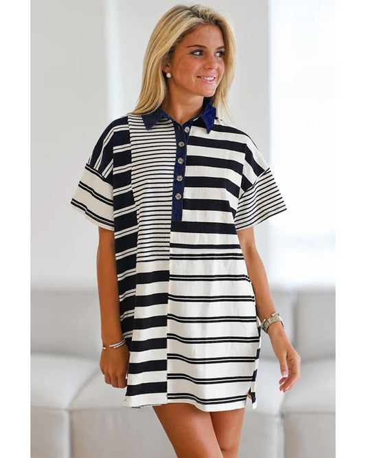 Black Stripe Half Placket Polo T Shirt Dress - L