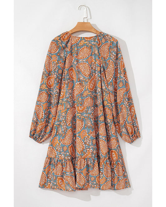 Orange Paisley Print Loose Fit Drawstring High Waist Mini Dress - L