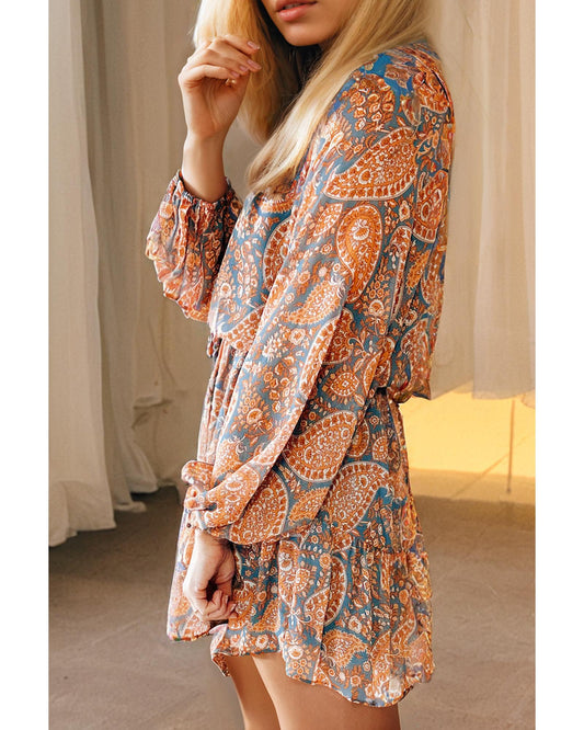 Orange Paisley Print Loose Fit Drawstring High Waist Mini Dress - L