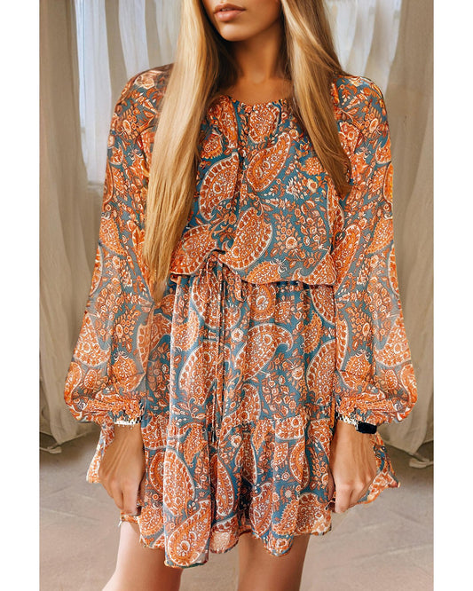 Orange Paisley Print Loose Fit Drawstring High Waist Mini Dress - L