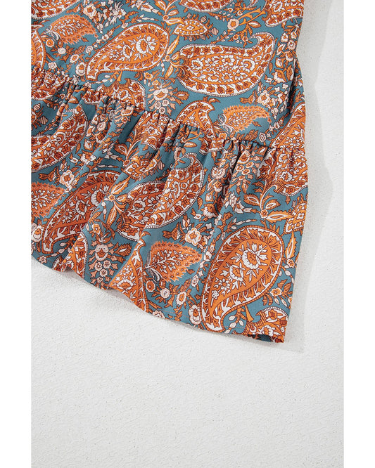 Orange Paisley Print Loose Fit Drawstring High Waist Mini Dress - L