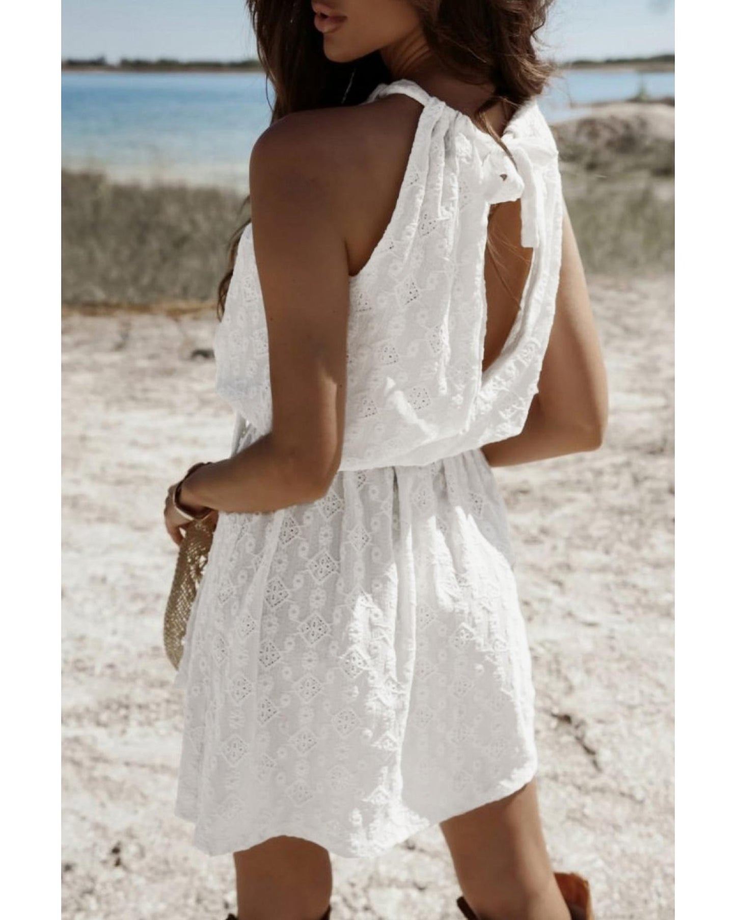 White Lace Sleeveless Knot Hollow Out Back Tied Waist Mini Dress