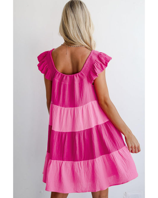 Pink Crinkled Colorblock Patchwork Flutter Tiered Mini Dress - L