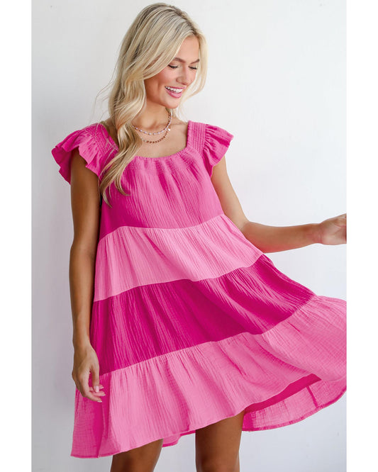 Pink Crinkled Colorblock Patchwork Flutter Tiered Mini Dress - L
