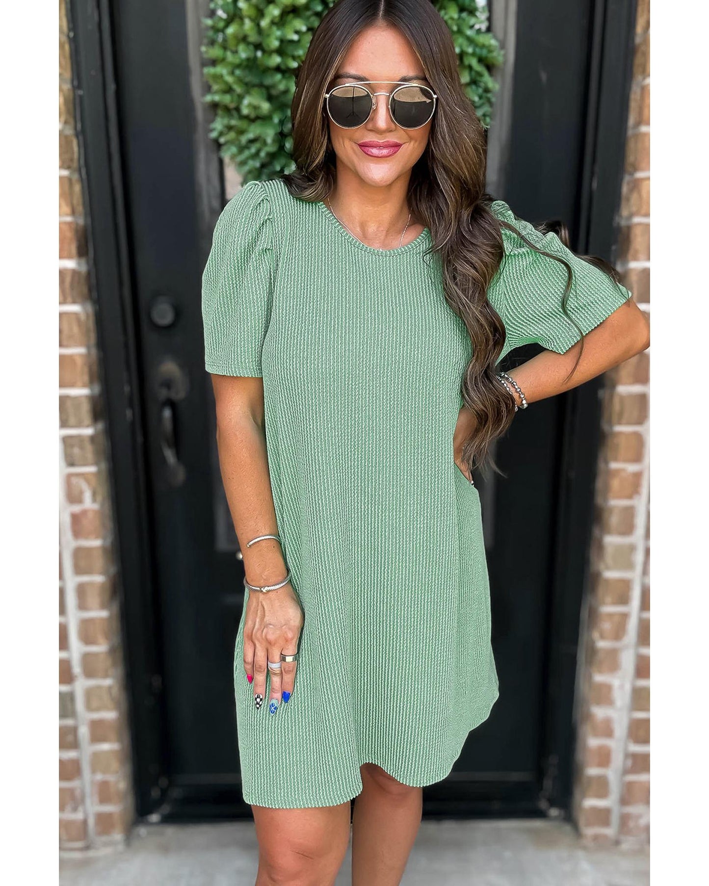 Corded Knit Crew Neck Puff Sleeve Shift Mini Dress