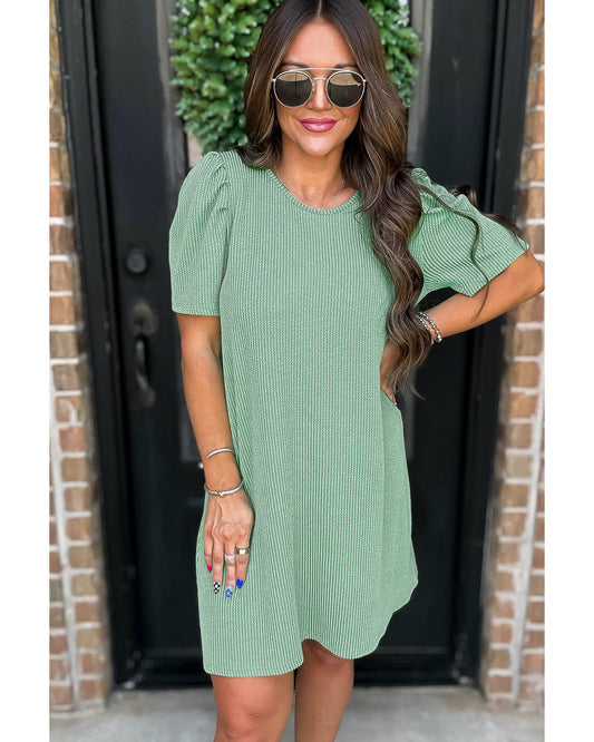 Blossom Corded Knit Crew Neck Puff Sleeve Mini Dress