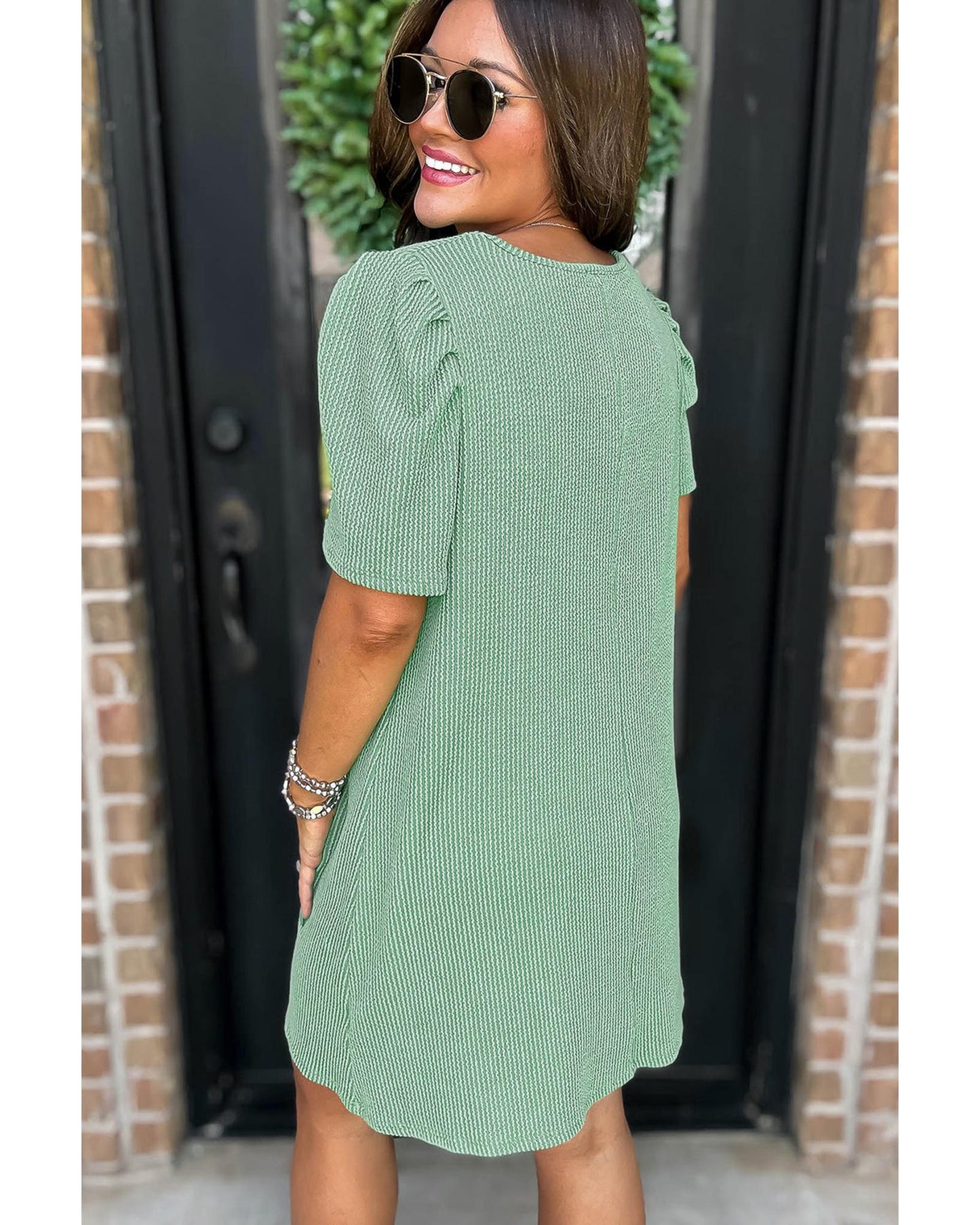 Corded Knit Crew Neck Puff Sleeve Shift Mini Dress