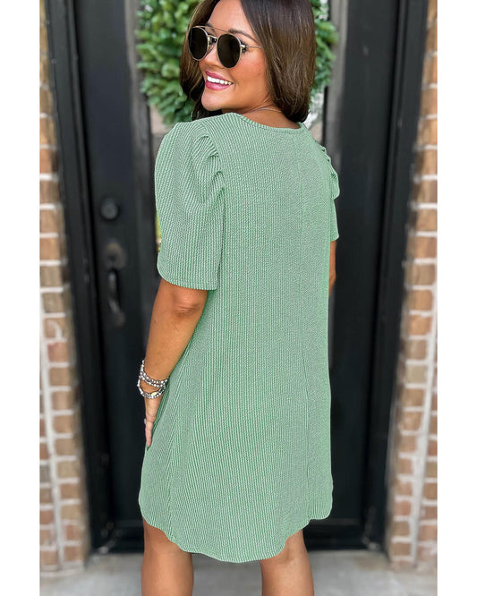 Blossom Corded Knit Crew Neck Puff Sleeve Mini Dress