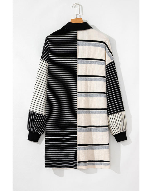 Black Stripe Colorblock Knit Henley Collar Shift Long Sleeve Mini Dress - L