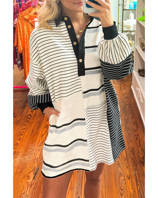 Black Stripe Colorblock Knit Henley Collar Shift Long Sleeve Mini Dress - L