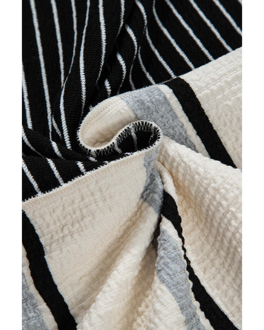 Black Stripe Colorblock Knit Henley Collar Shift Long Sleeve Mini Dress - L