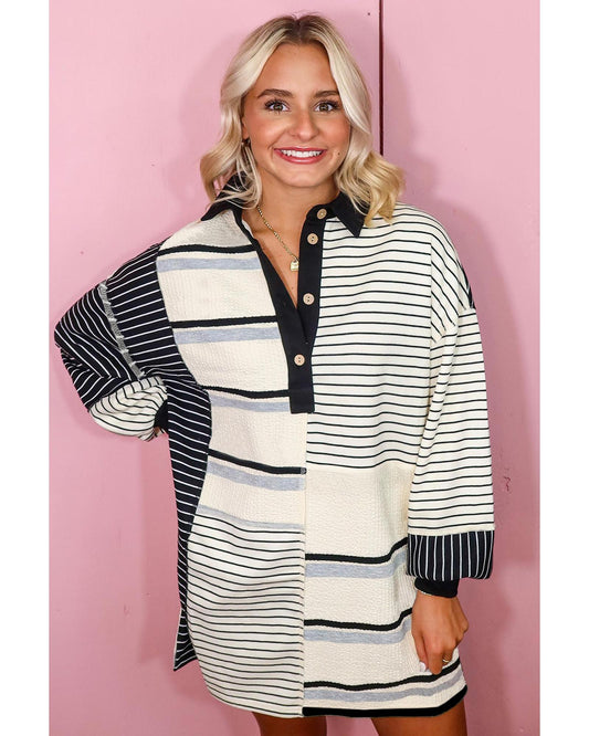 Black Stripe Colorblock Knit Henley Collar Shift Long Sleeve Mini Dress - L