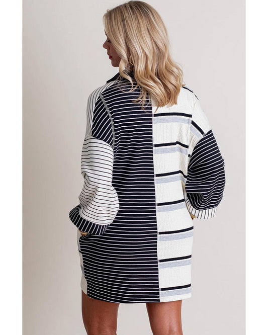 Black Stripe Colorblock Knit Henley Collar Shift Long Sleeve Mini Dress - L
