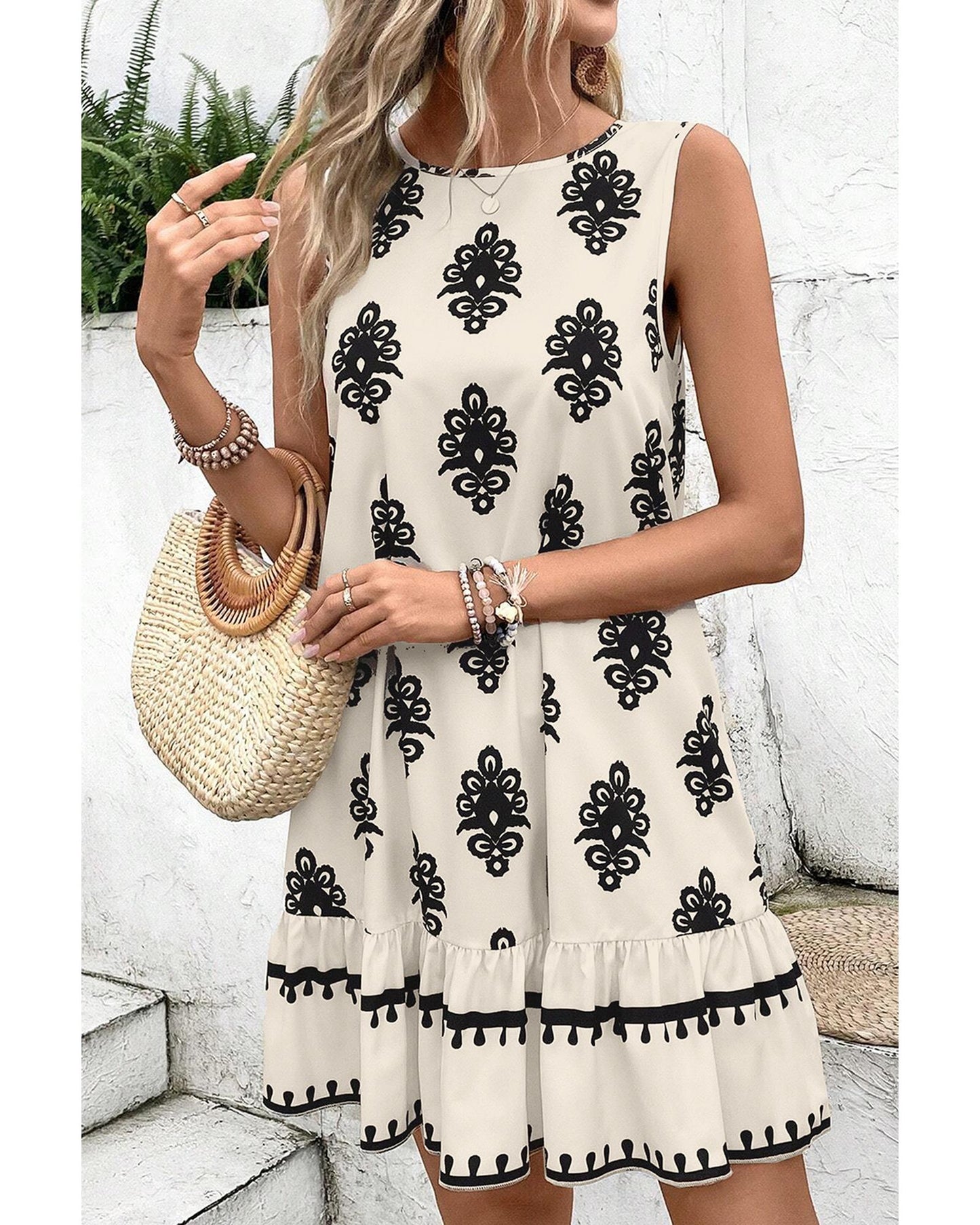 Beige Geometric Print Hollowed Bowknot Back Mini Dress