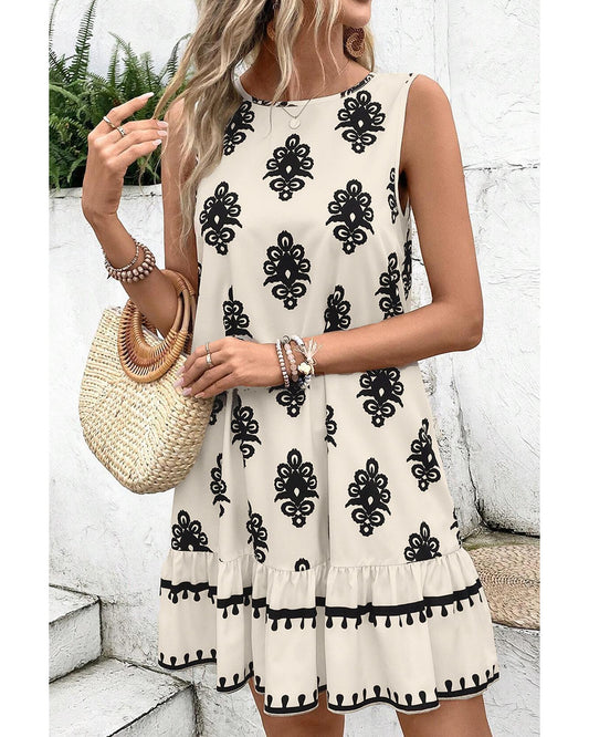 Beige Geometric Print Hollowed Bowknot Back Mini Dress