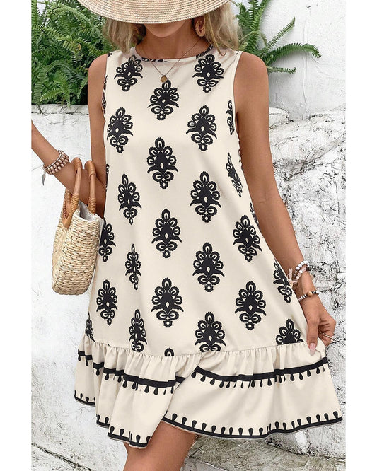 Beige Geometric Print Hollowed Bowknot Back Mini Dress