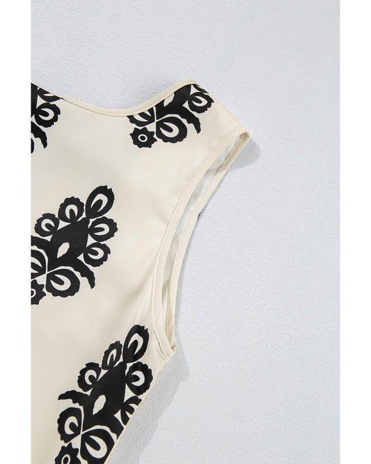 Beige Geometric Print Hollowed Bowknot Back Mini Dress