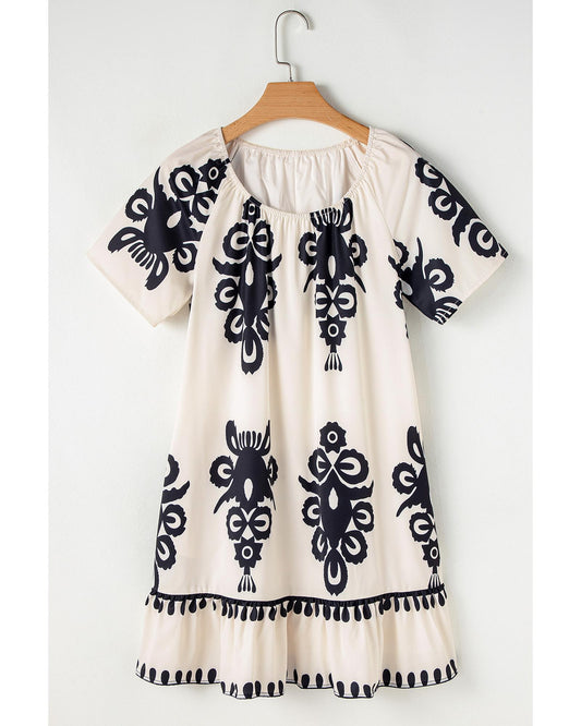 Apricot Western Print Ruffled Short Sleeve Loose Dress
