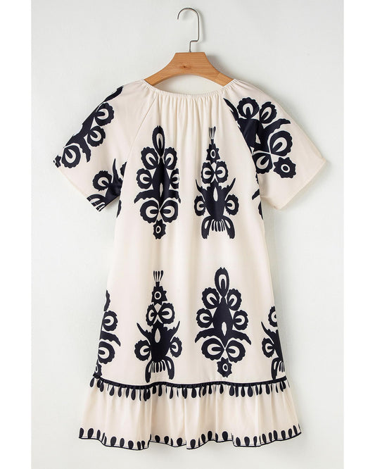 Apricot Western Print Ruffled Short Sleeve Loose Dress