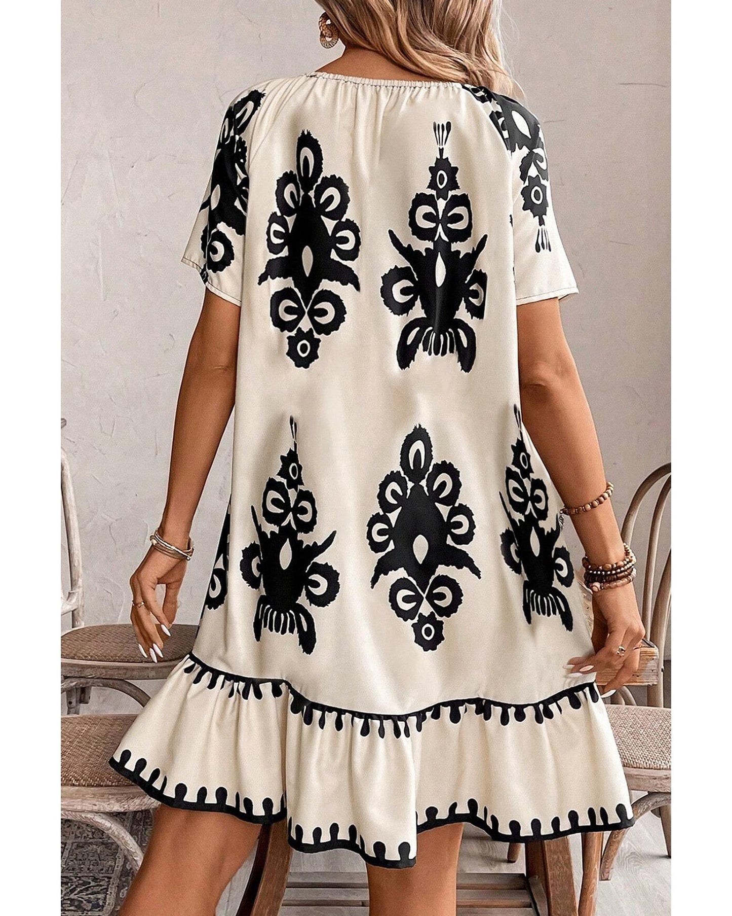 Apricot Western Print Ruffled Short Sleeve Loose Dress