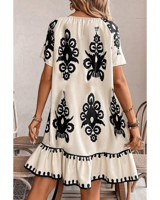 Apricot Western Print Ruffled Short Sleeve Loose Dress