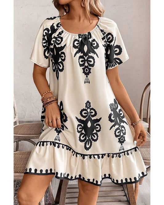 Apricot Western Print Ruffled Short Sleeve Loose Dress