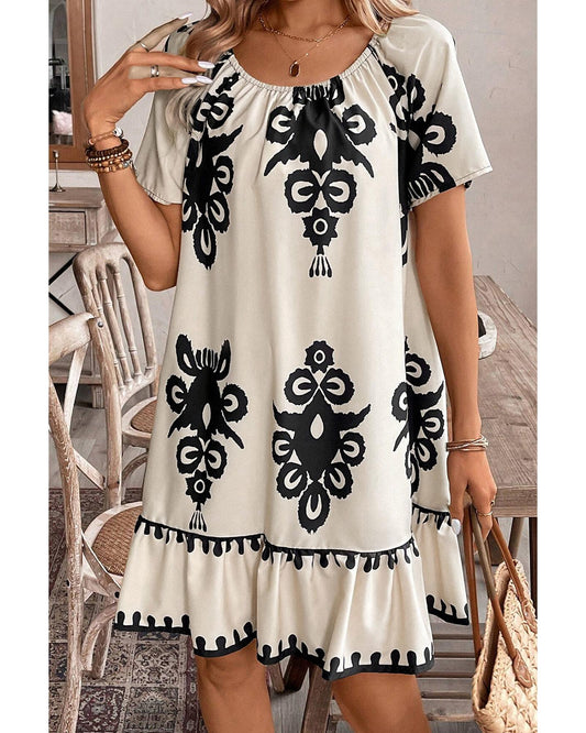 Apricot Western Print Ruffled Short Sleeve Loose Dress