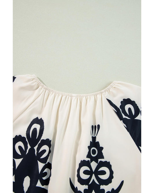 Apricot Western Print Ruffled Short Sleeve Loose Dress