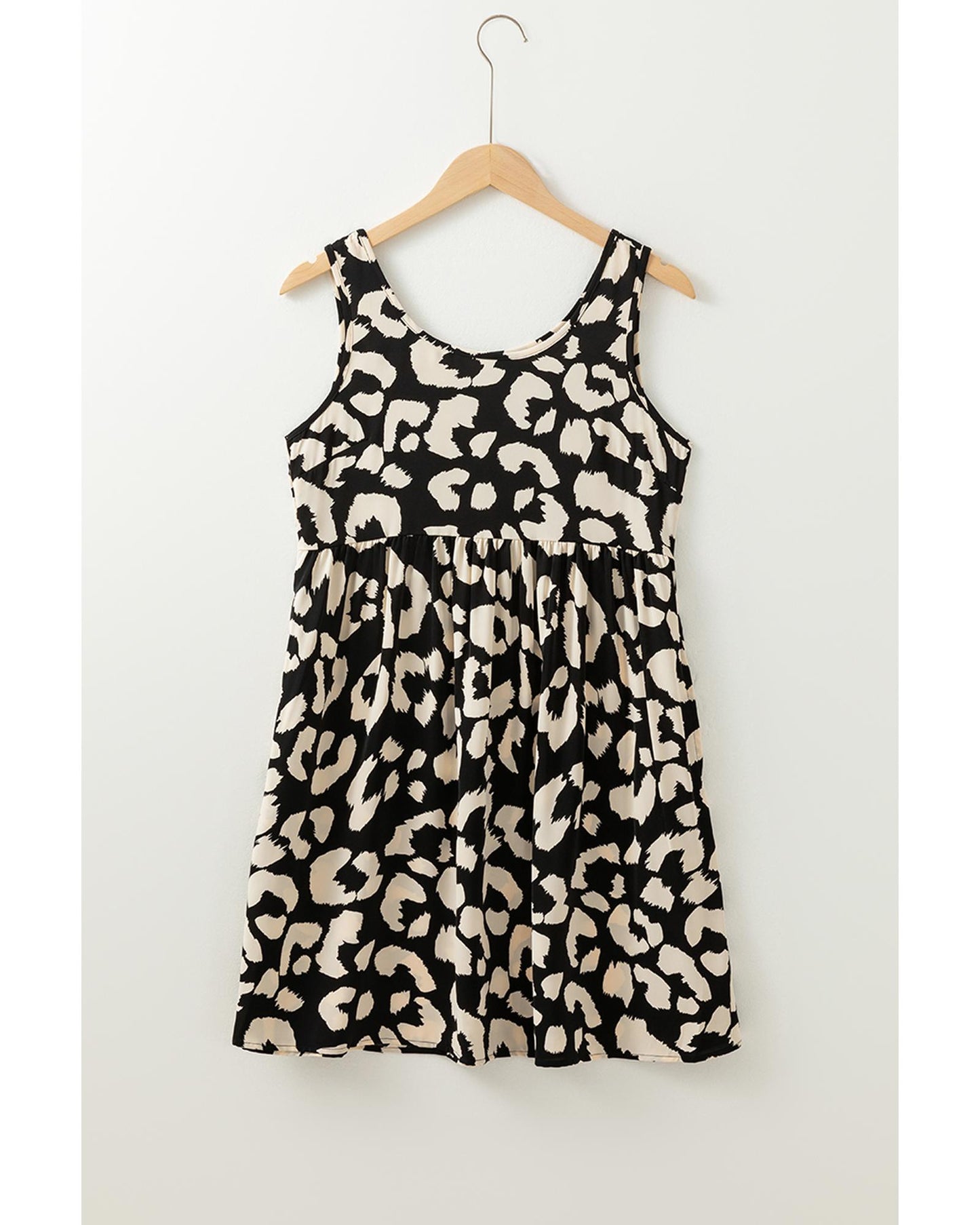 Black Leopard Print U Neck Sleeveless High Waist Dress - M