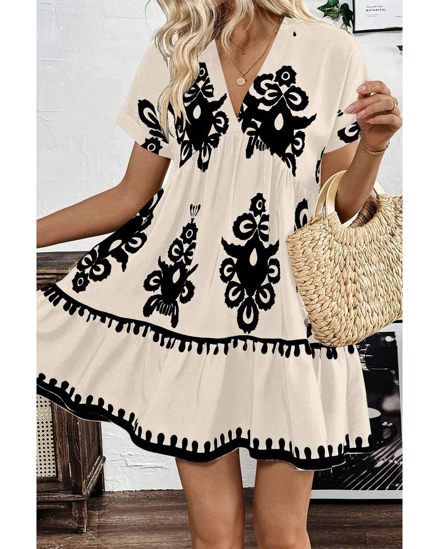 Black Vintage Print V Neck High Waist Short Sleeve Dress - S