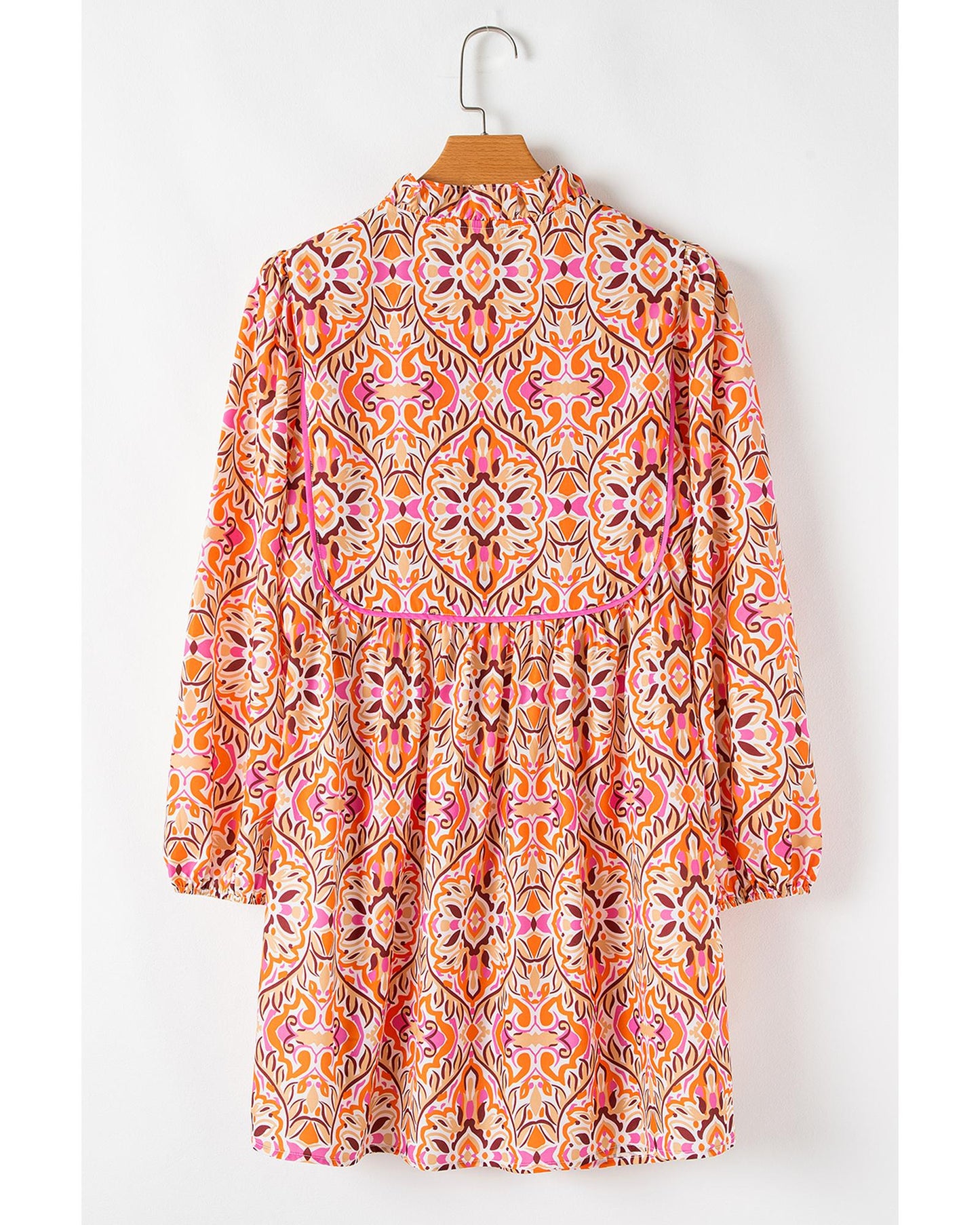 Khaki Abstract Printed Long Sleeve Tied Neckline Mini Dress - S