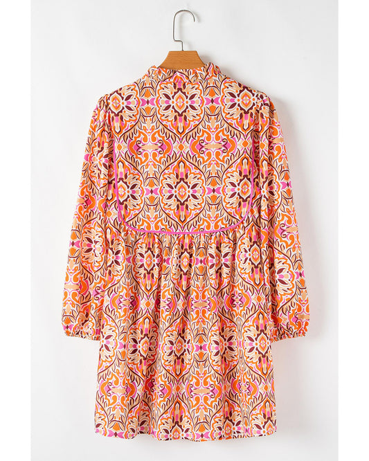 Khaki Abstract Printed Long Sleeve Tied Neckline Mini Dress