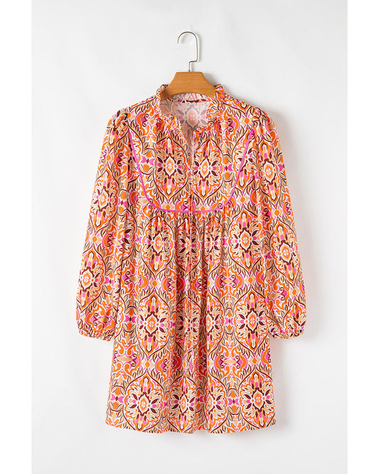 Khaki Abstract Printed Long Sleeve Tied Neckline Mini Dress