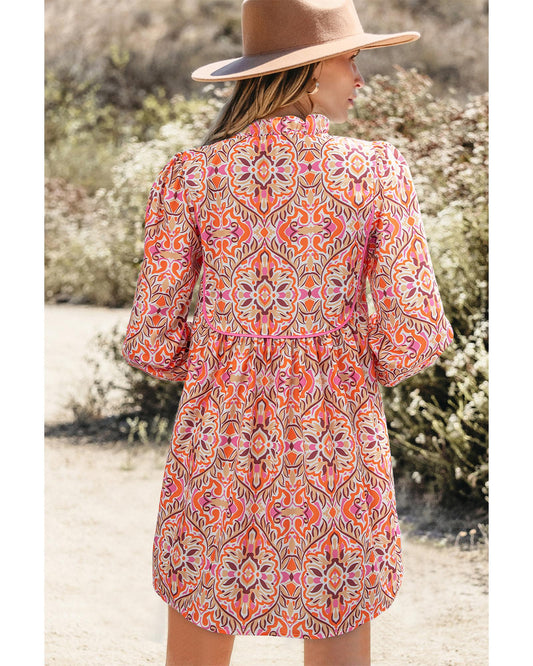 Khaki Abstract Printed Long Sleeve Tied Neckline Mini Dress