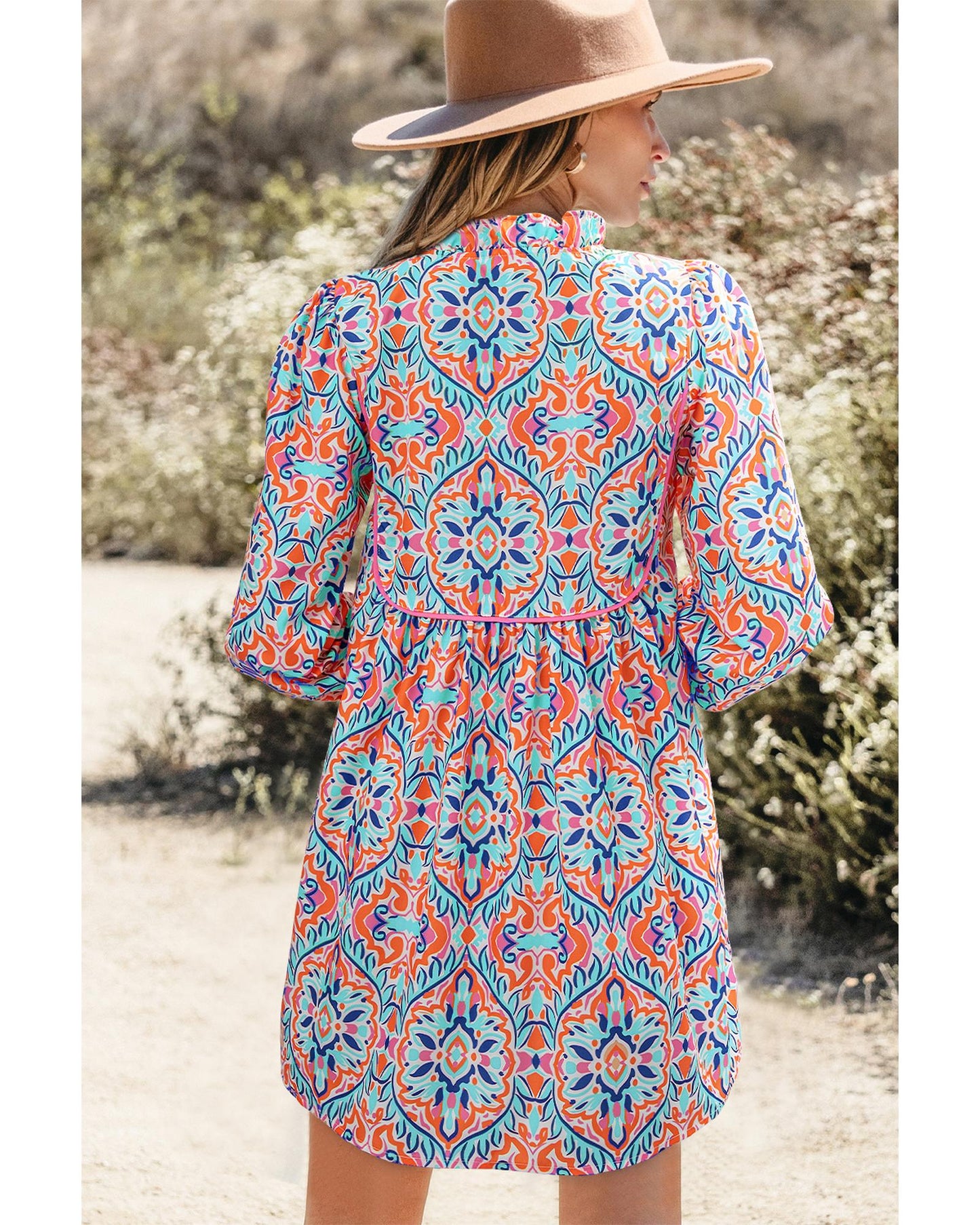 Khaki Abstract Printed Long Sleeve Tied Neckline Mini Dress - S