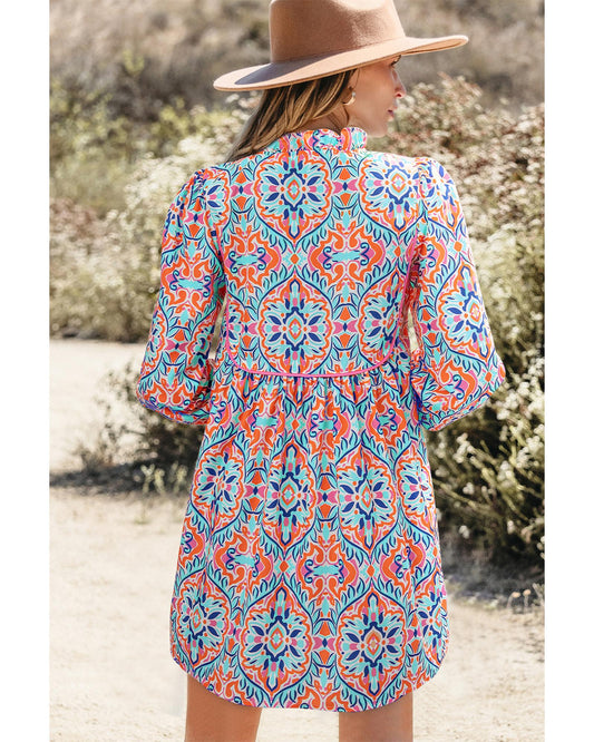 Khaki Abstract Printed Long Sleeve Tied Neckline Mini Dress