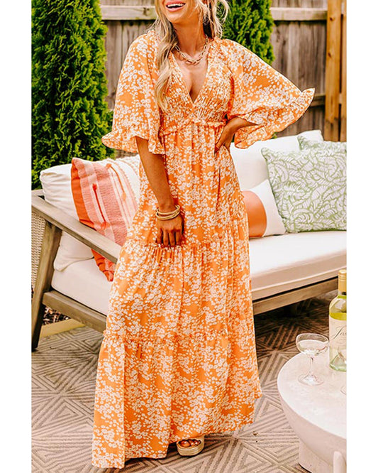Orange Floral Print Smocked V Neck Wide Sleeve Maxi Dress - L