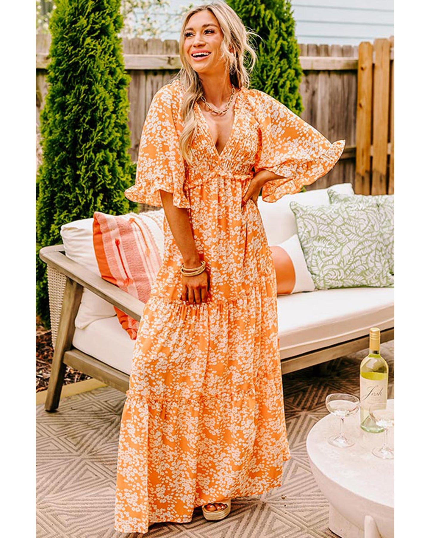 Orange Floral Print Smocked V Neck Wide Sleeve Maxi Dress - L