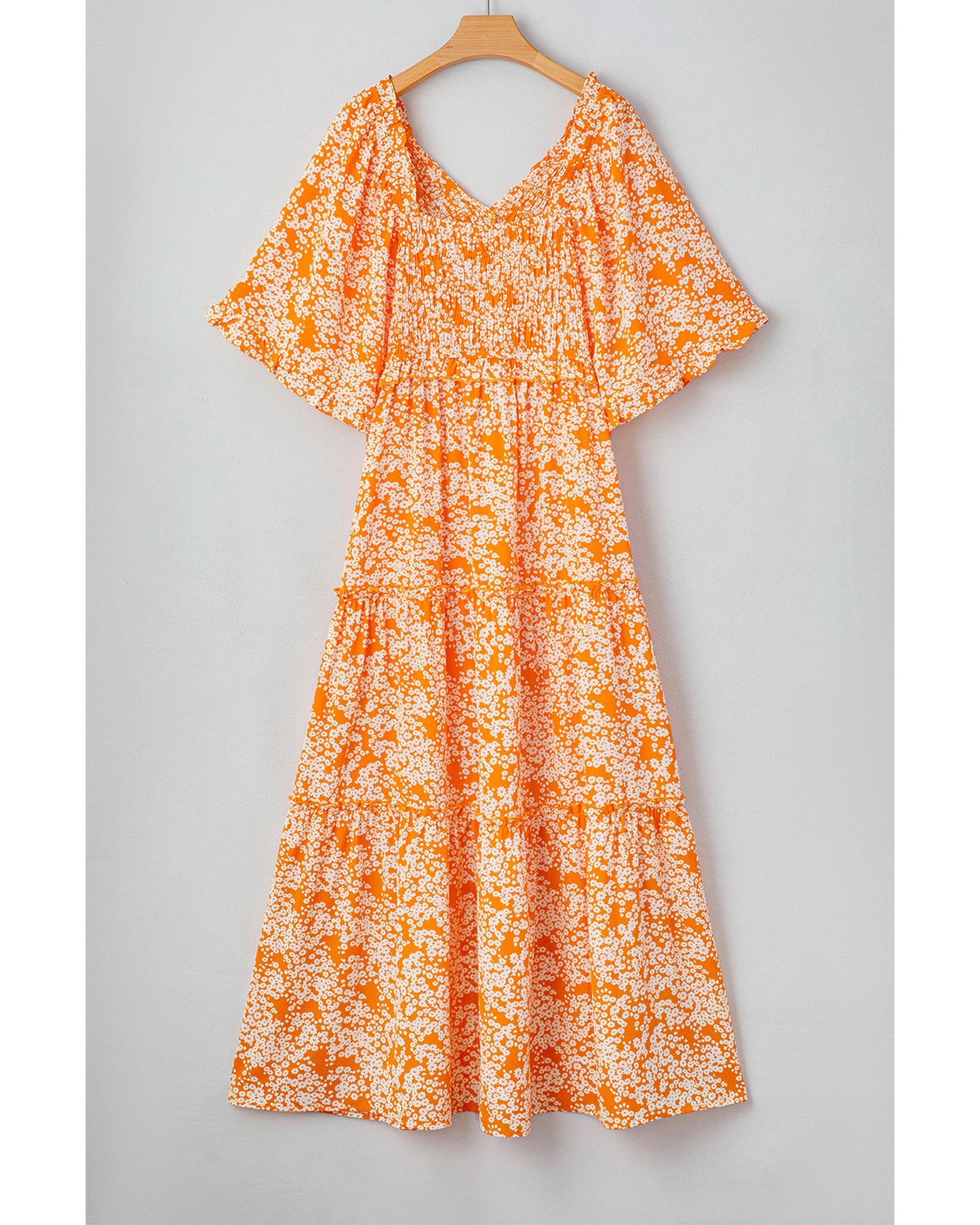 Orange Floral Print Smocked V Neck Wide Sleeve Maxi Dress - L
