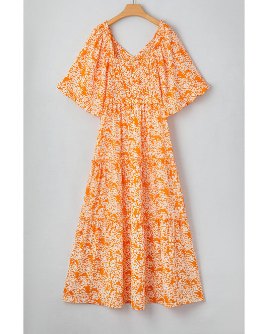 Orange Floral Print Smocked V Neck Wide Sleeve Maxi Dress - L