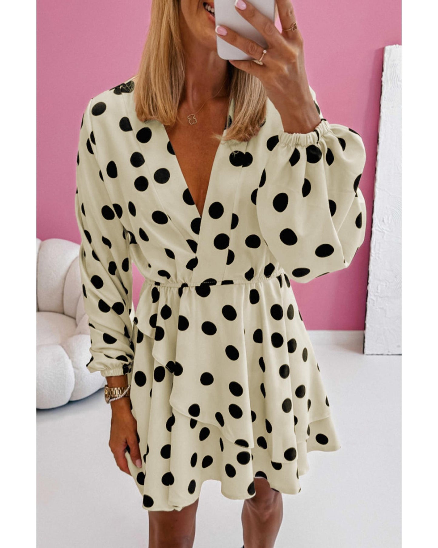 Beige Polka Dot Printed Surplice V Neck Puff Sleeve Mini Dress - L