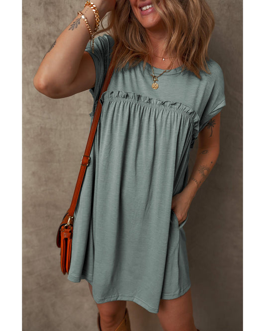 Mist Green Frilled Gathered Seam Round Neck T Shirt Dress - L