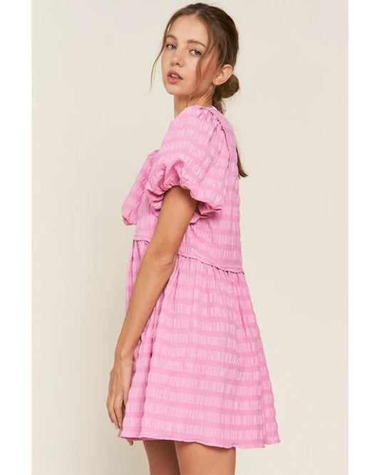 Bonbon Textured Bubble Sleeve High Waist Mini Dress - L
