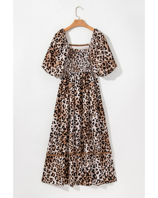 Brown Leopard Print Bubble Sleeve Square Neck Maxi Dress - L