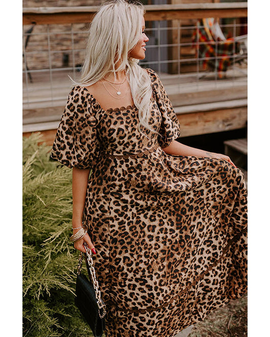 Brown Leopard Print Bubble Sleeve Square Neck Maxi Dress - L