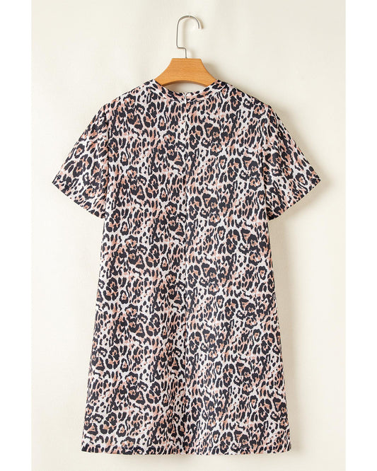 Brown Leopard Print Crew Neck Shift Short T Shirt Dress - L