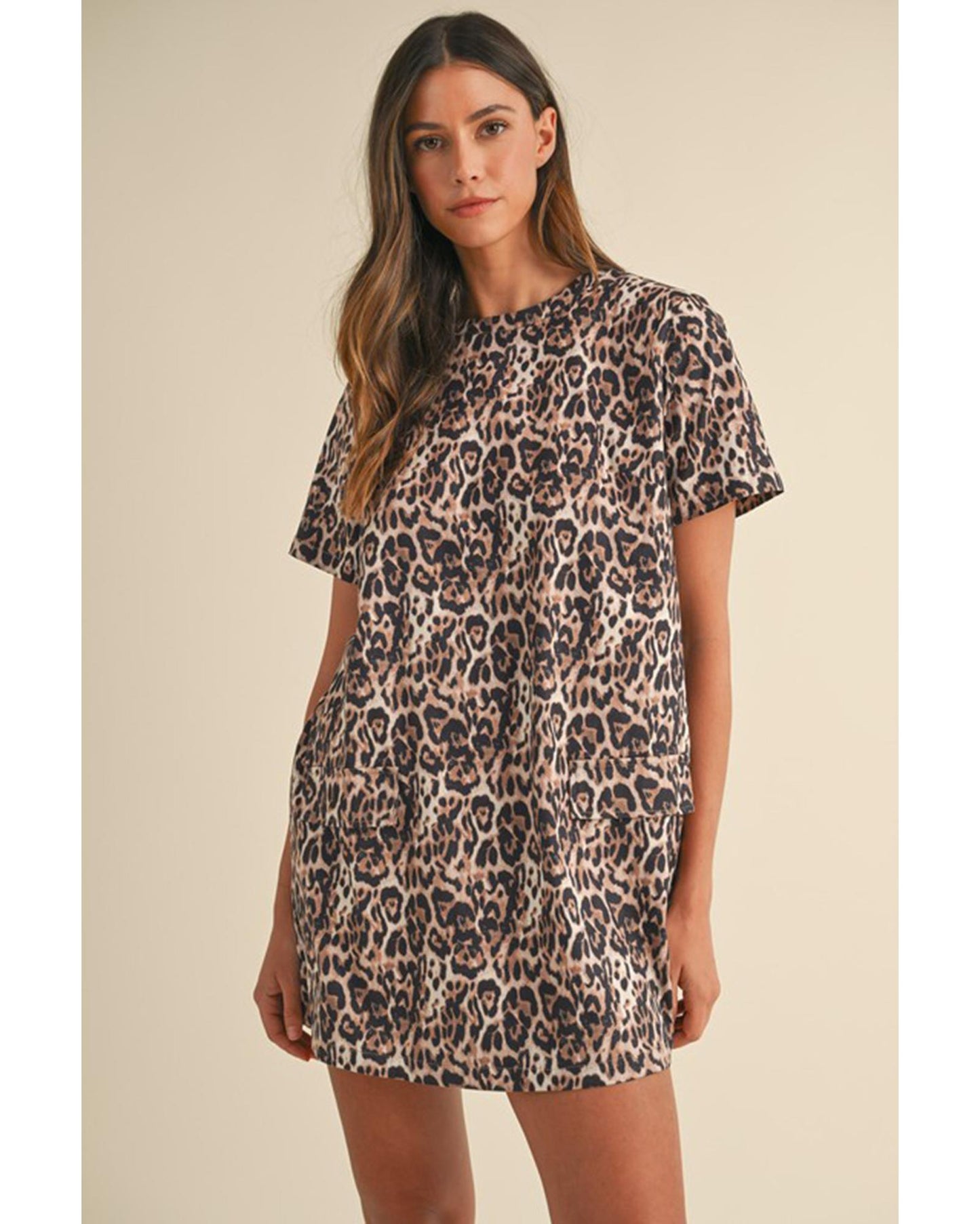 Brown Leopard Print Crew Neck Shift Short T Shirt Dress - M