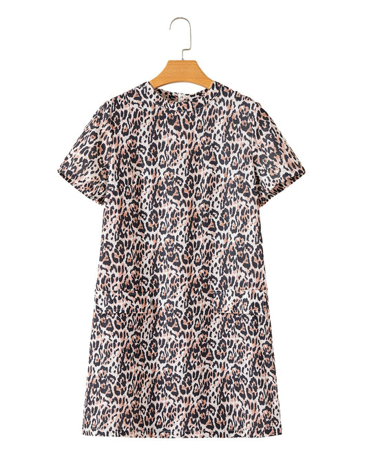 Brown Leopard Print Crew Neck Shift Short T Shirt Dress - M