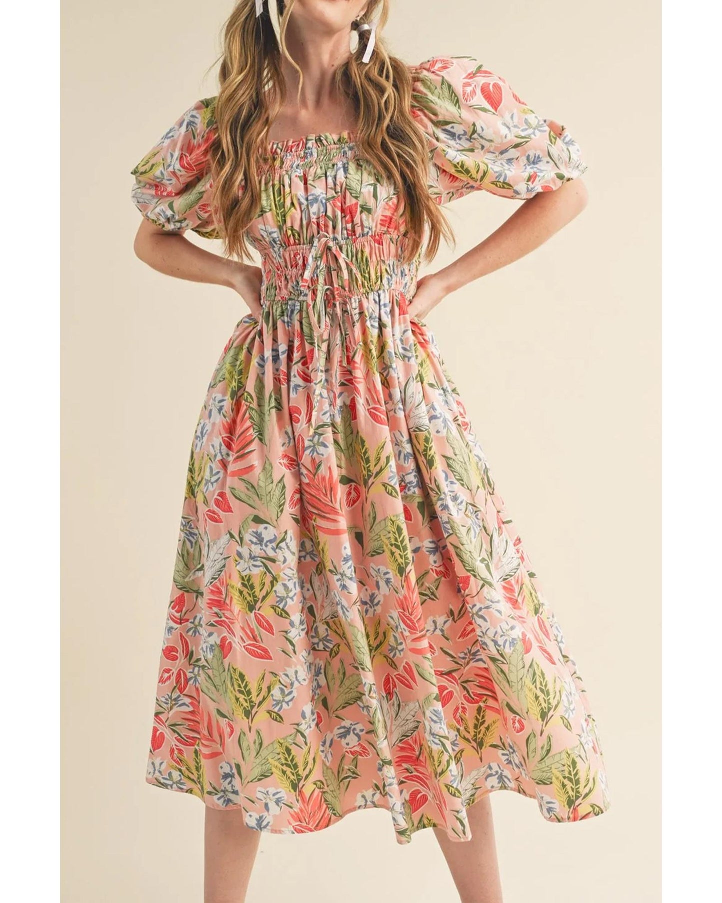 Apricot Pink Floral Smocked Bust Bubble Short Sleeve Maxi Dress